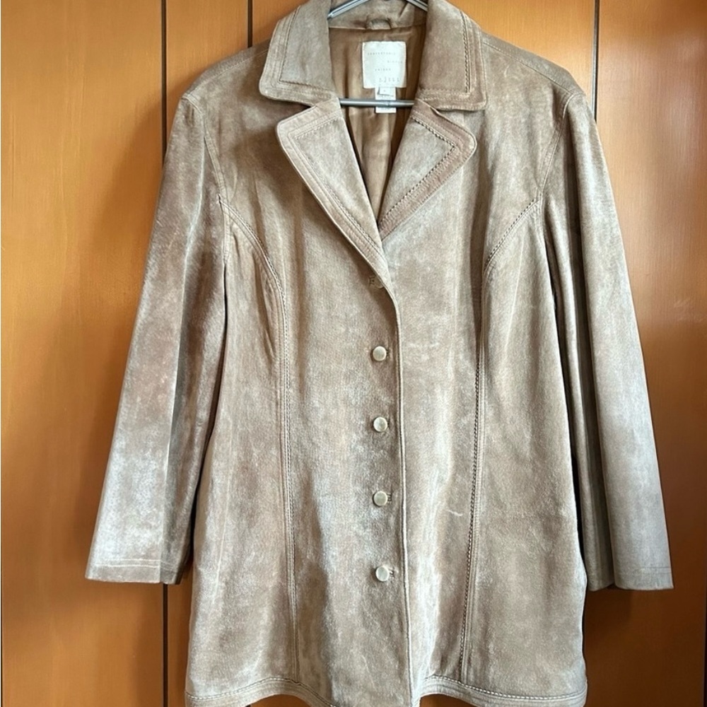 J. Jill 100% Genuine Leather Tan Buttoned Up Collared Blazer Jacket Size Large
